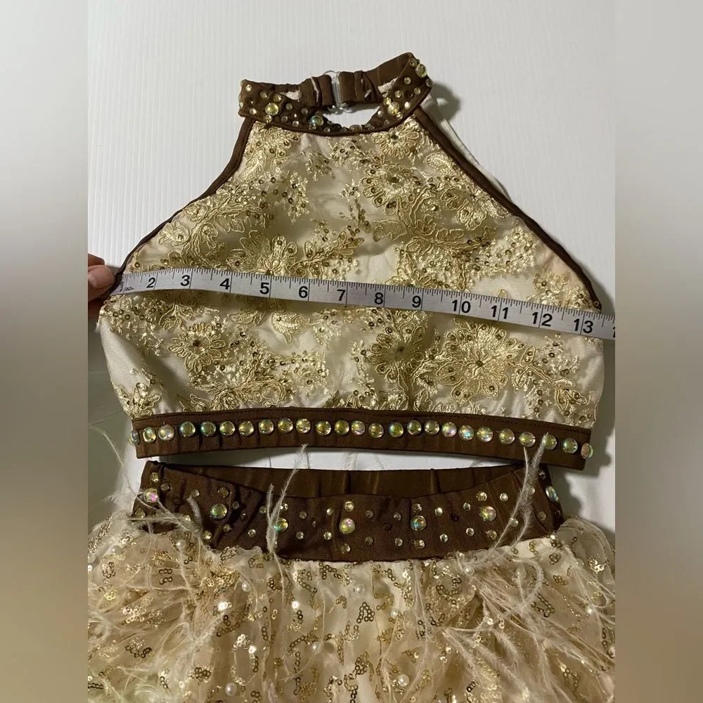 Glamour solo dance costume 2 piece cream tan feather embellished SA adult